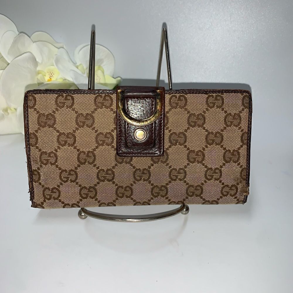 Authentic GUCCI GG Logo Leather Trim Long Wallet - Picture 1 of 10